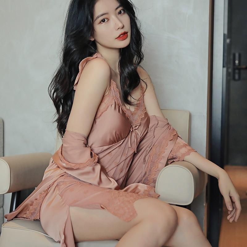 Suspender pajamas women's summer thin pajamas with chest pads Ice silk pajamas women's lace mesh two-piece set Spring and Autumn loungewear