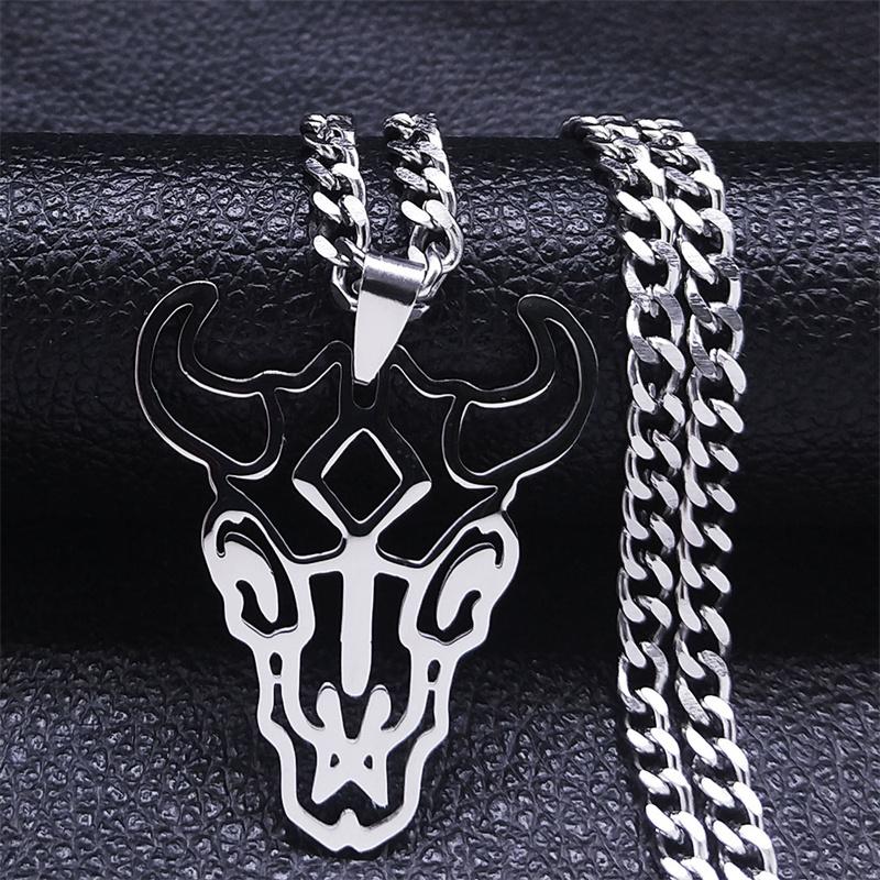 Hip Hop Animal Bull Head Pendant Necklace Men Stainless Steel Silver Color Skull Ox Bone Chain Amulet Jewelry Collar ZZZ3574-QKC