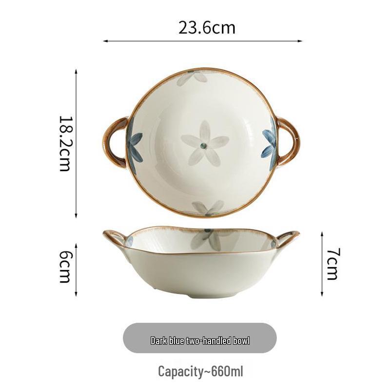 

Elegant Dark Blue Two-Handle Ceramic Soup and Ramen Bowl