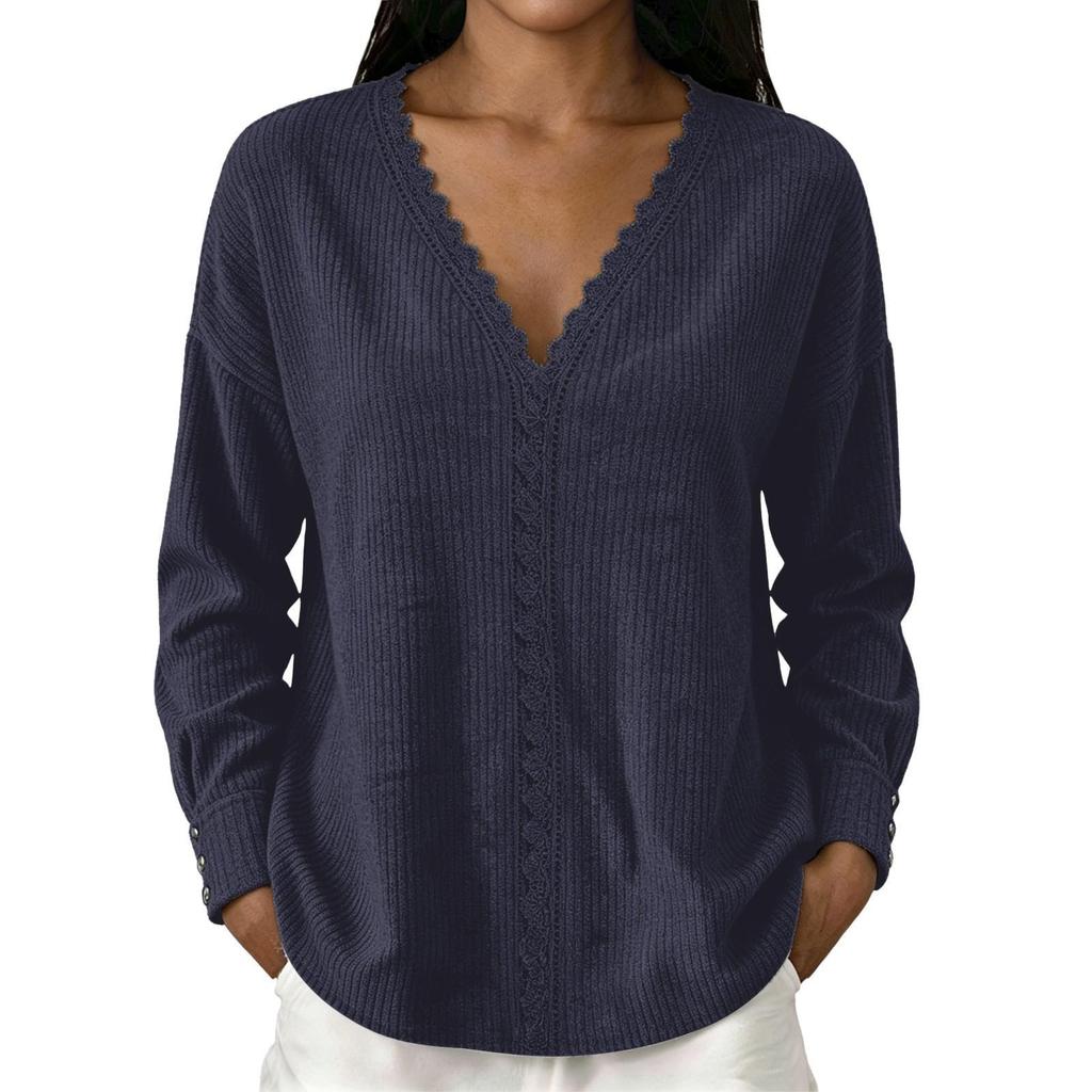 Women's Fashion Color Lace V-Neck Long Sleeve Loose Fit Blouse