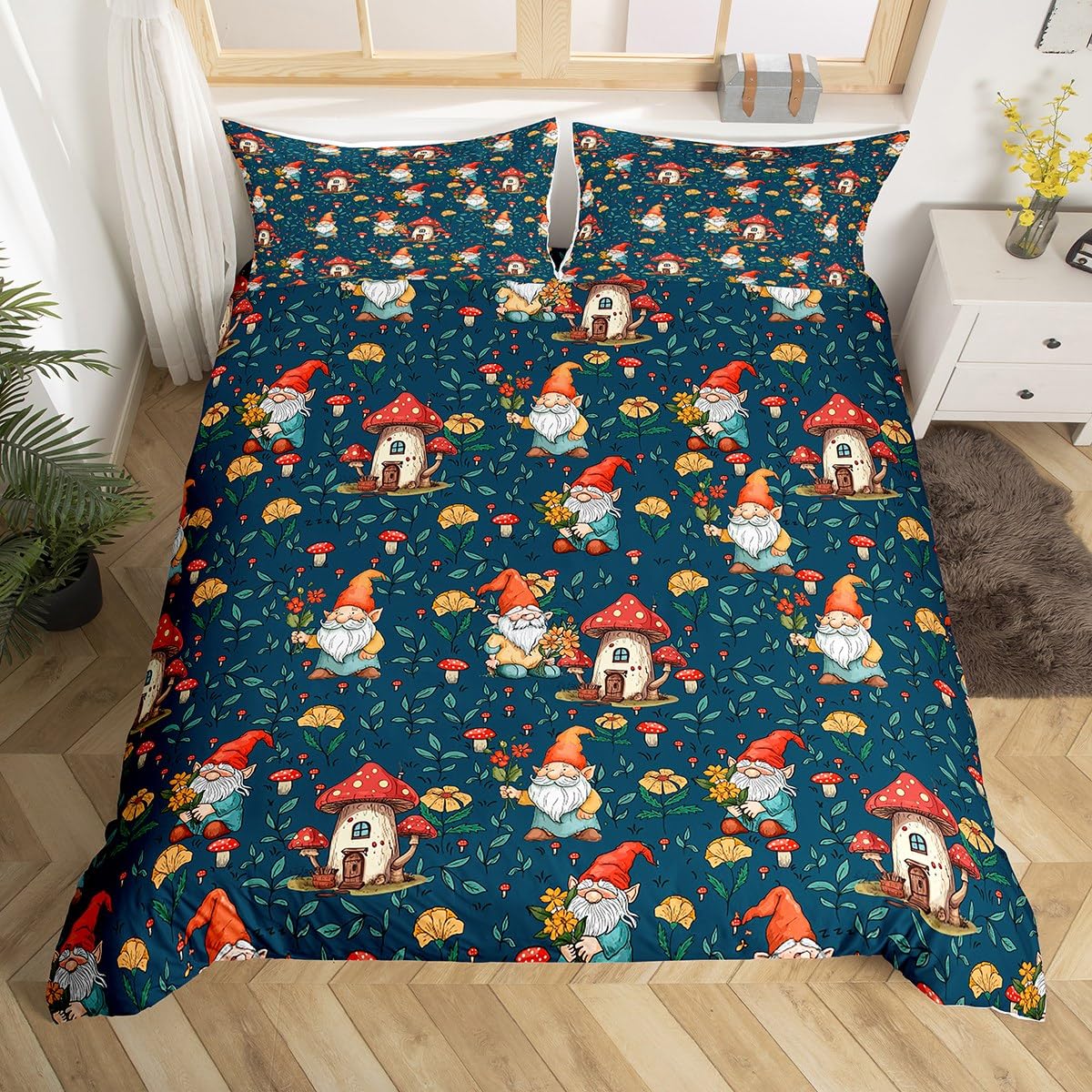 

Spring Gnomes Duvet Cover Twin King Size Botanical Sunflowers Butterfly Print Bedding Set Garden Theme Floral Comforter Cover EU Single(135x200cm)