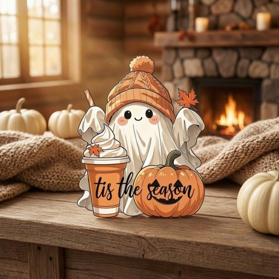 Rustic Autumn Table Centerpiece Halloween Wooden Ghost Ornament with Pumpkin Pattern, Double Sided Desktop Decoration, Cute Figurine Spooky