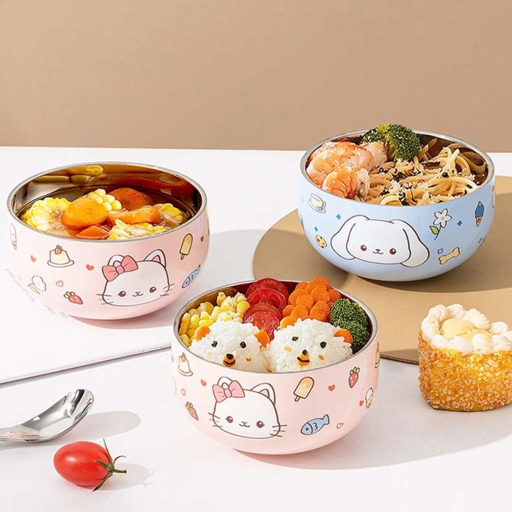 Anti-scalding Stainless Steel Children's Bowl Double Layer Rice Bowl Tableware Ramen Bowl  Soup