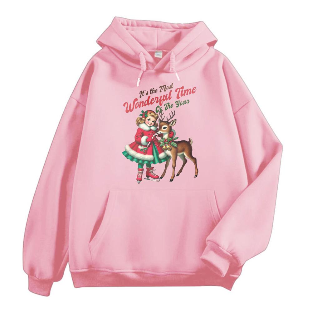 Vintage Christmas Girl Reindeer Print Hoodie Women It's the Most Wonderful Time of The Year Casual Long Sleeve Hooded Sweatshirt
