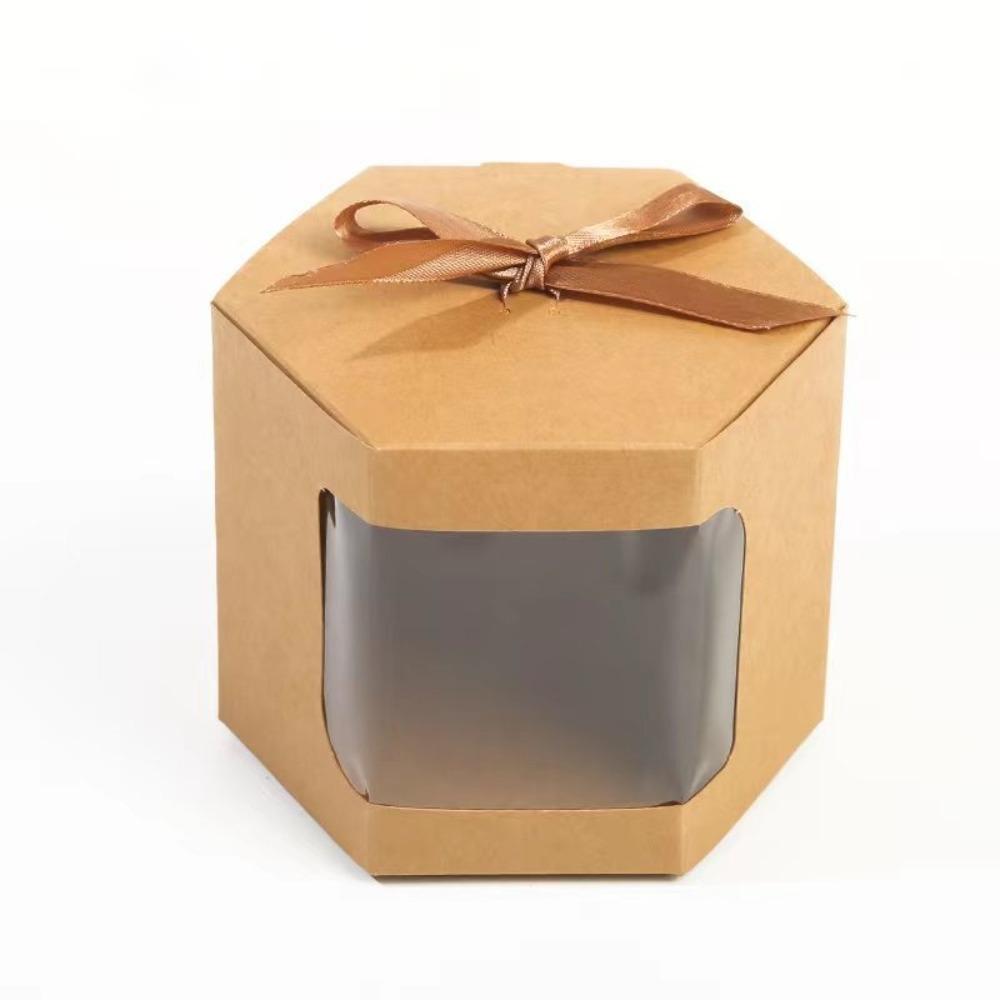 6Pcs Hexagonal Kraft Paper Box Transparent Window Handmade Gift Packaging Boxes with Ribbon Candy Cookies Box