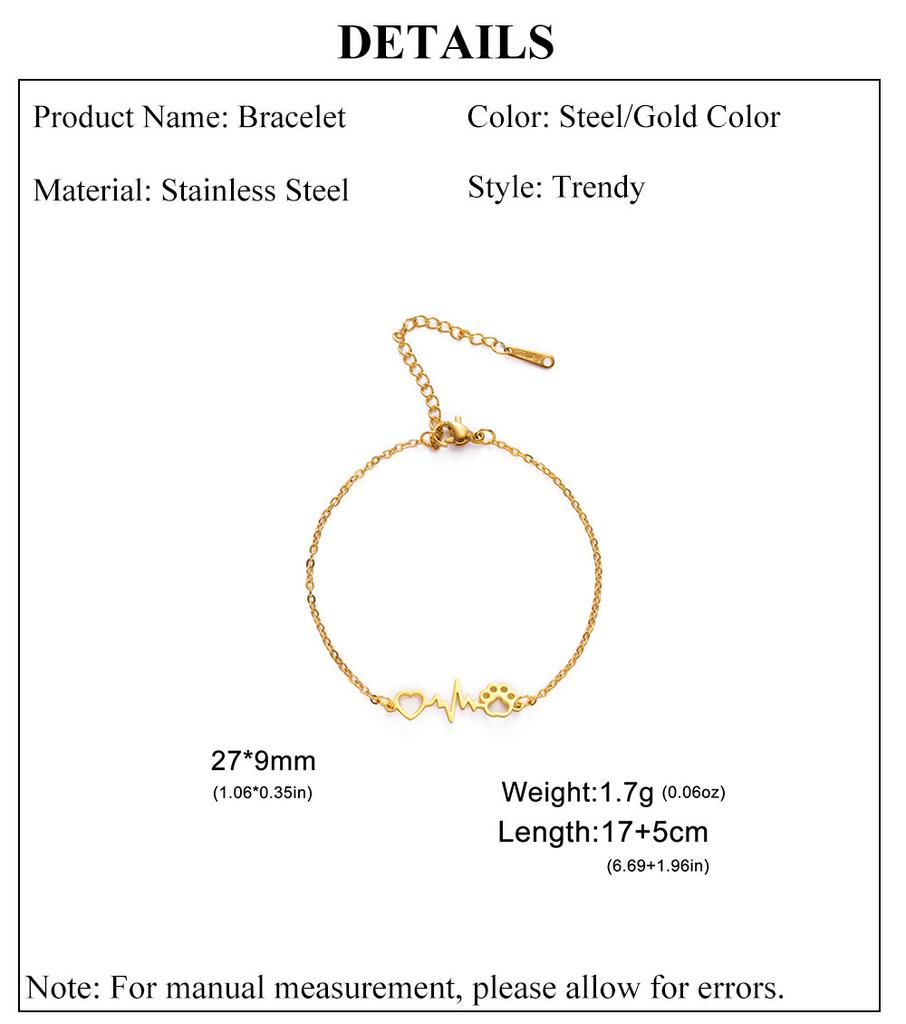 Cazador Heartbeat Cat Dog Footprint Paw Heart Charm Bracelet for Women Stainless Steel Bracelet Gifts Jewelry