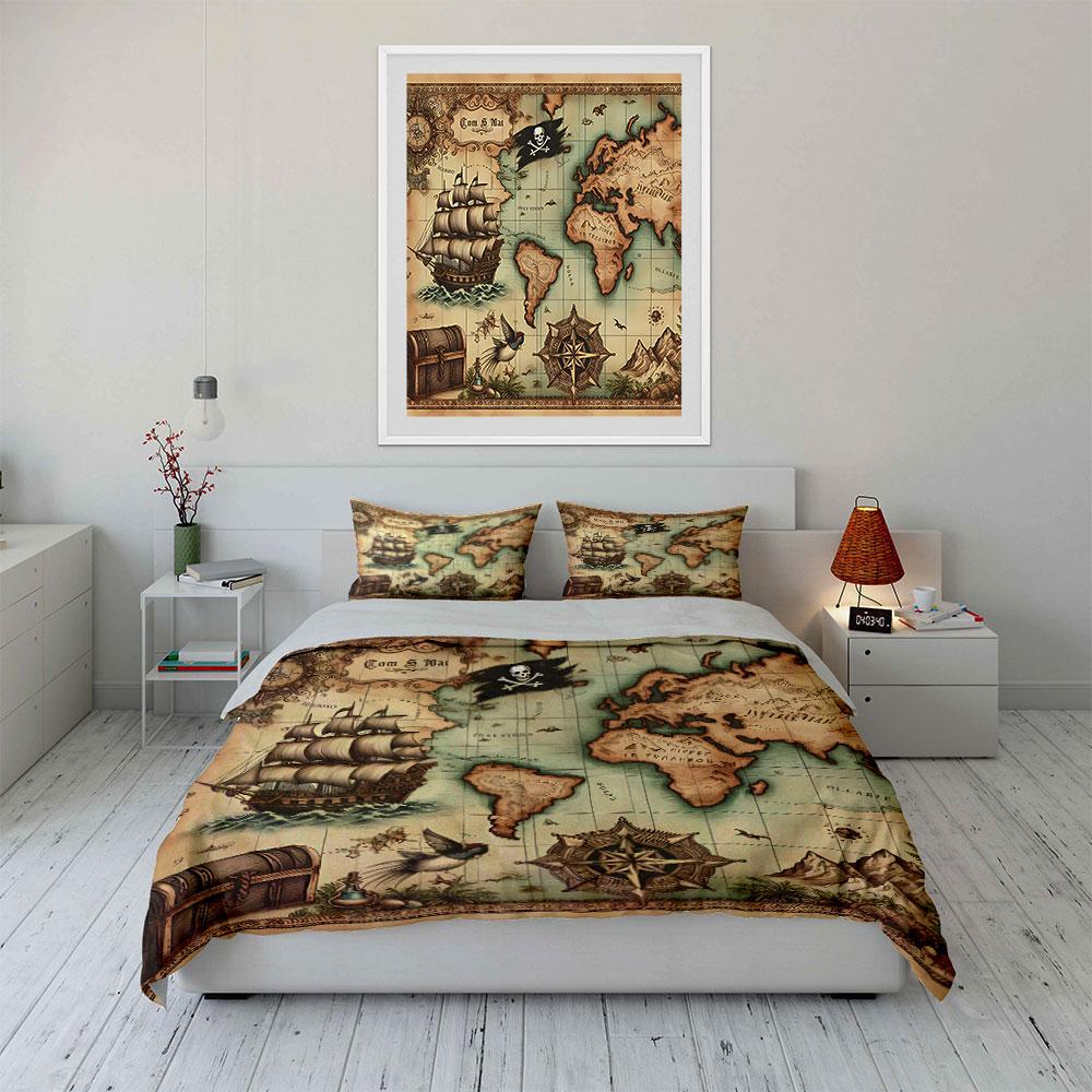 Vintage Treasure Map Design Bedding Duvet Cover Set Duvet Cover Pillowcases (1*Duvet Cover 2*Pillowcases, Without Duvet Insert)