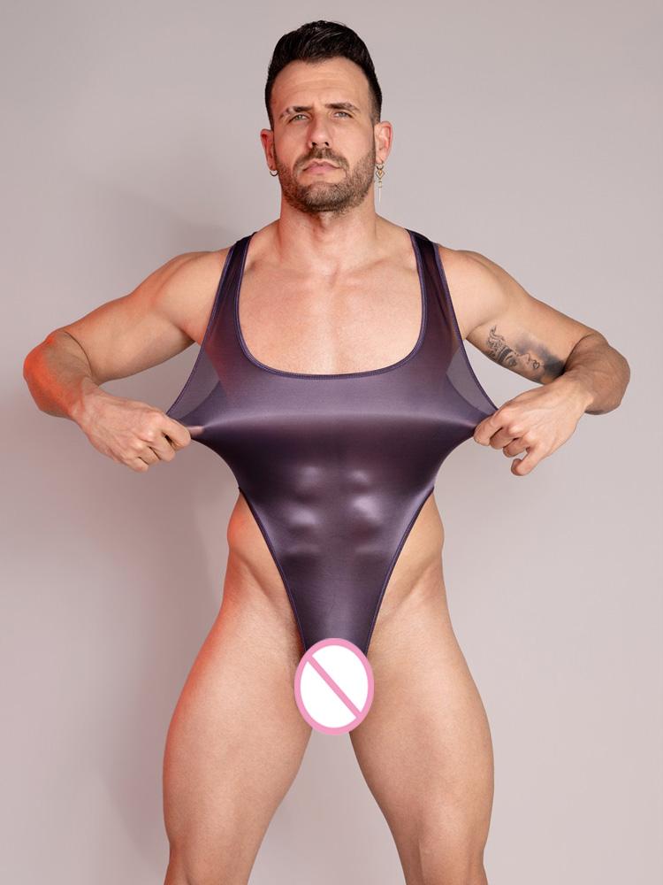 Seksowny Męski Unisex Bodystocking z Wysokim Wycięciem Błyszczący Olejowy Przezroczysty Gorset Bielizna Stringi Pończochy Służki Elastyczny Leotard Kształtujący