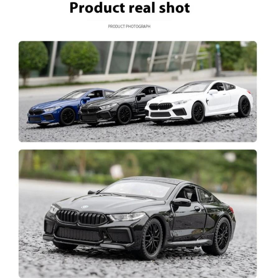 Model samochodu ze stopu BMW M8 w skali 1/32, Dźwięk i światło, Akcja sprężynowa, Zabawka do pokoju zabaw dla dzieci i przedmiot kolekcjonerski