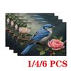 4/6pcs Rectangular Placemats - 12X18 Inch Blue Bird Print Retro Non-Slip Table Mats with 2D Element Design