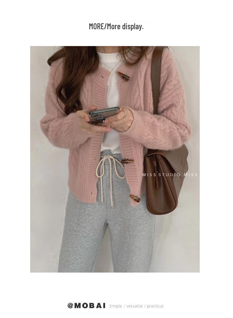 Korean Style Solid Color Knit Cardigan Sweater with Horn Buttons for Women