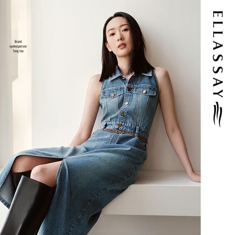 ELLASSAY Women s Front Slit Sleeveless Denim Dress L
