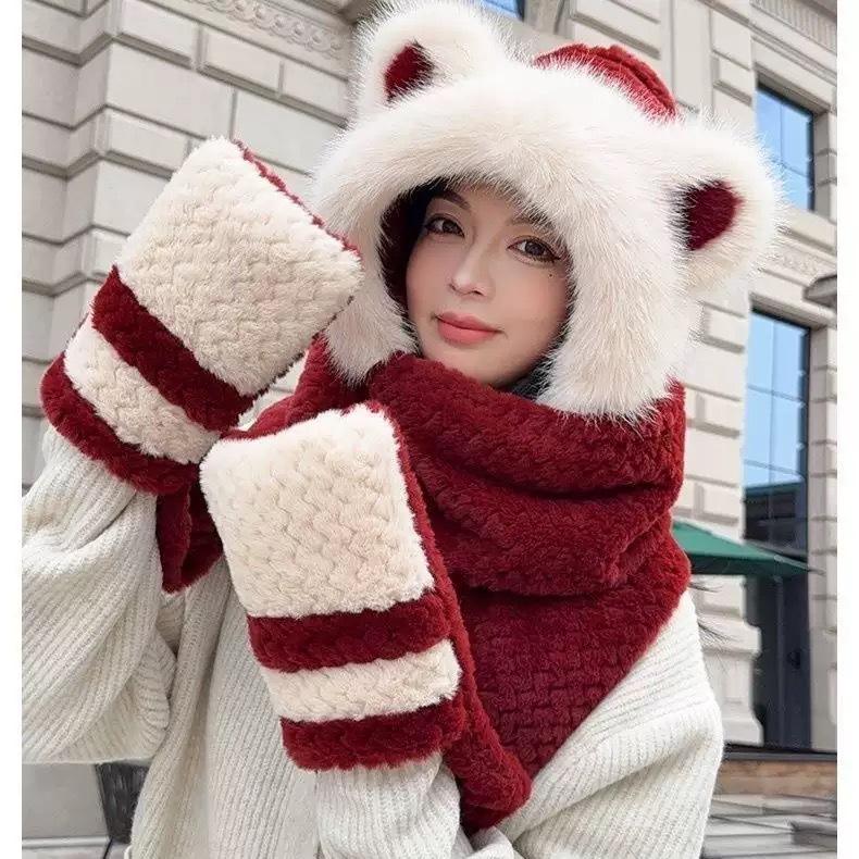 Cute bear ear hat, scarf, and gloves all-in-one, warm and cold-proof, thick plush ear protection cycling hat for women in autumn and winter