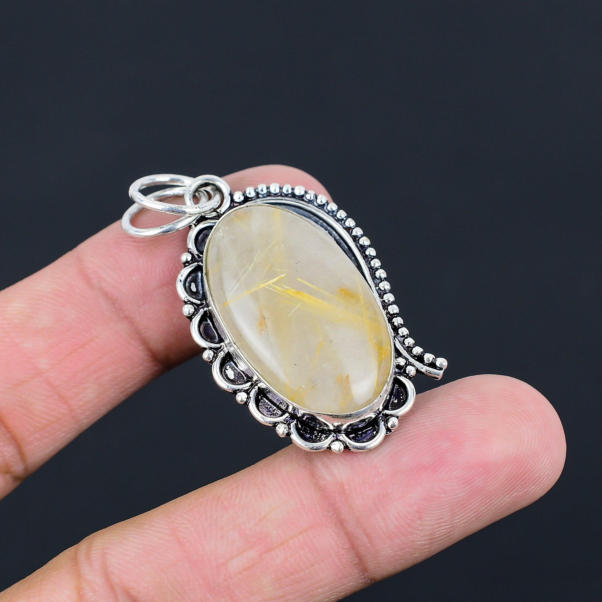 Daughters Day Deal Oval Golden Rutile Gemstone Bezel Sister Pendant 925 Silver