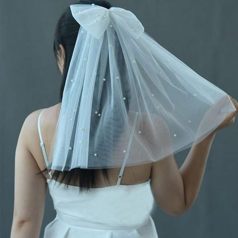 Korean Fairy Double-Layer Bow Pearl Hair Clip  Bridal Veil