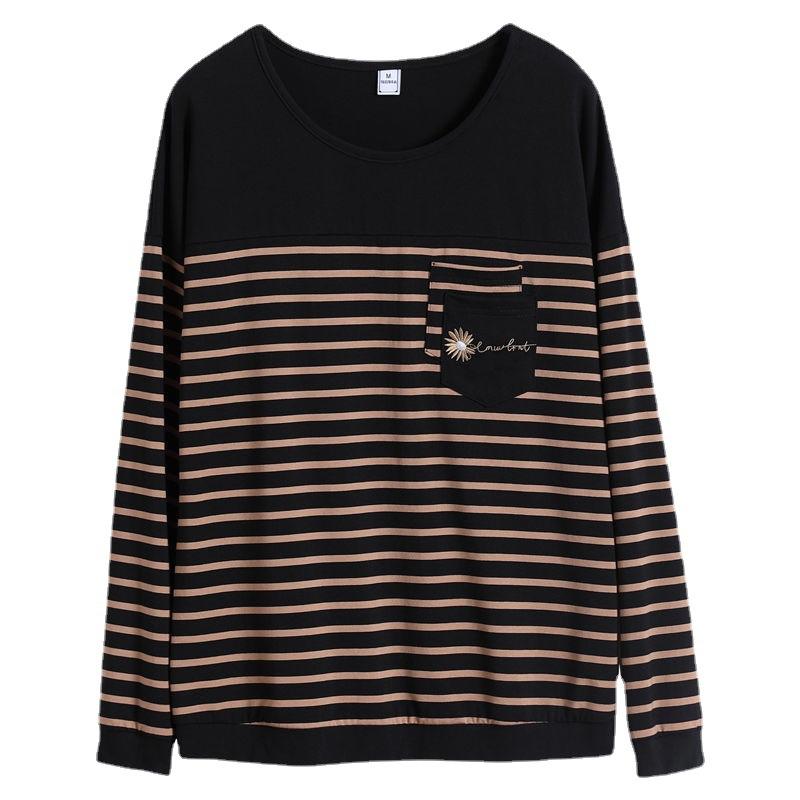 Autumn Middle Age Mom Long Sleeve T Shirt Women Round Neck Striped Loose Casual Base Layer Top