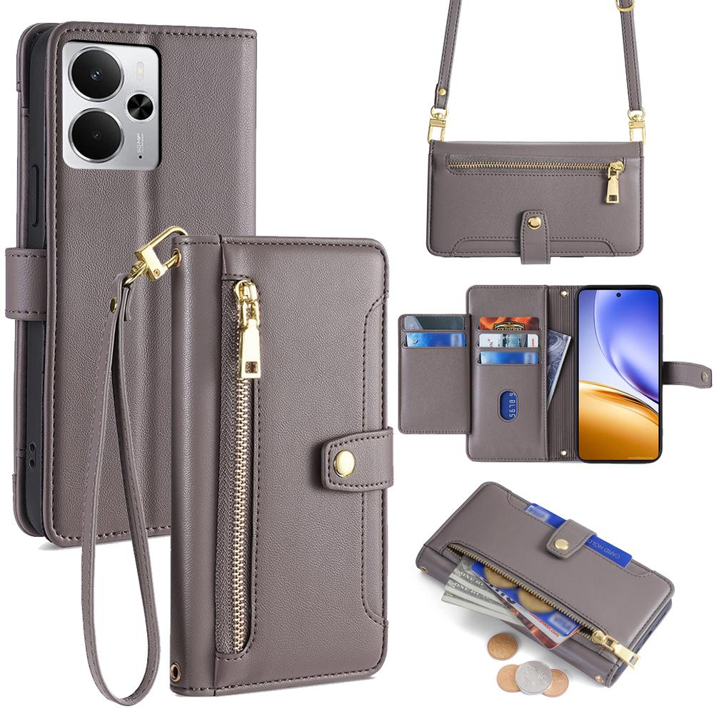 For Realme 14 5G Leather Case Zipper Pocket Wallet Phone Cover with 2 Straps