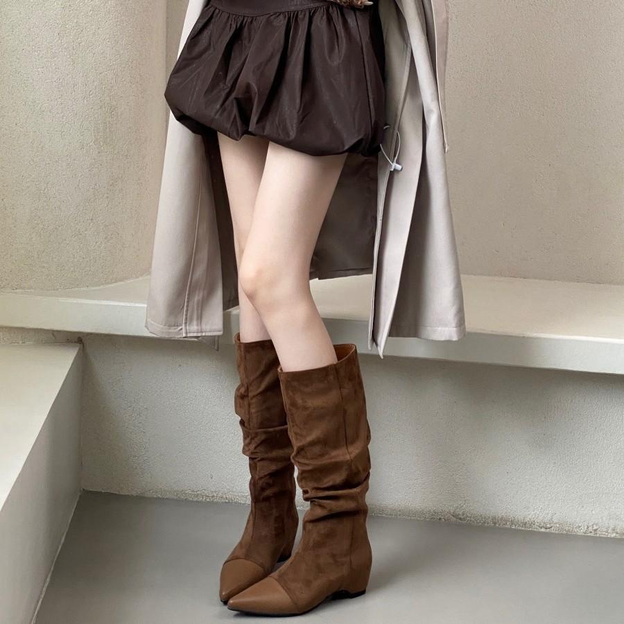 Small man inner height increase but knee boots stacking boots women's boots early autumn retro suede khaki boots western boots