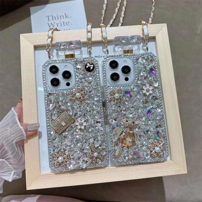 Luxury Fashion Perfume Bottle Rhinestone Phone Case For iPhone 15 14 13 12 11 Pro Max X XS XR XS Max 8 7 Plus Lanyard Shockproof Cover