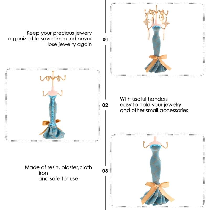 Elegant Jewelry Stand For Women Blue Mannequin Princess Dress Necklace Earring Stand Holder With Gold Accent