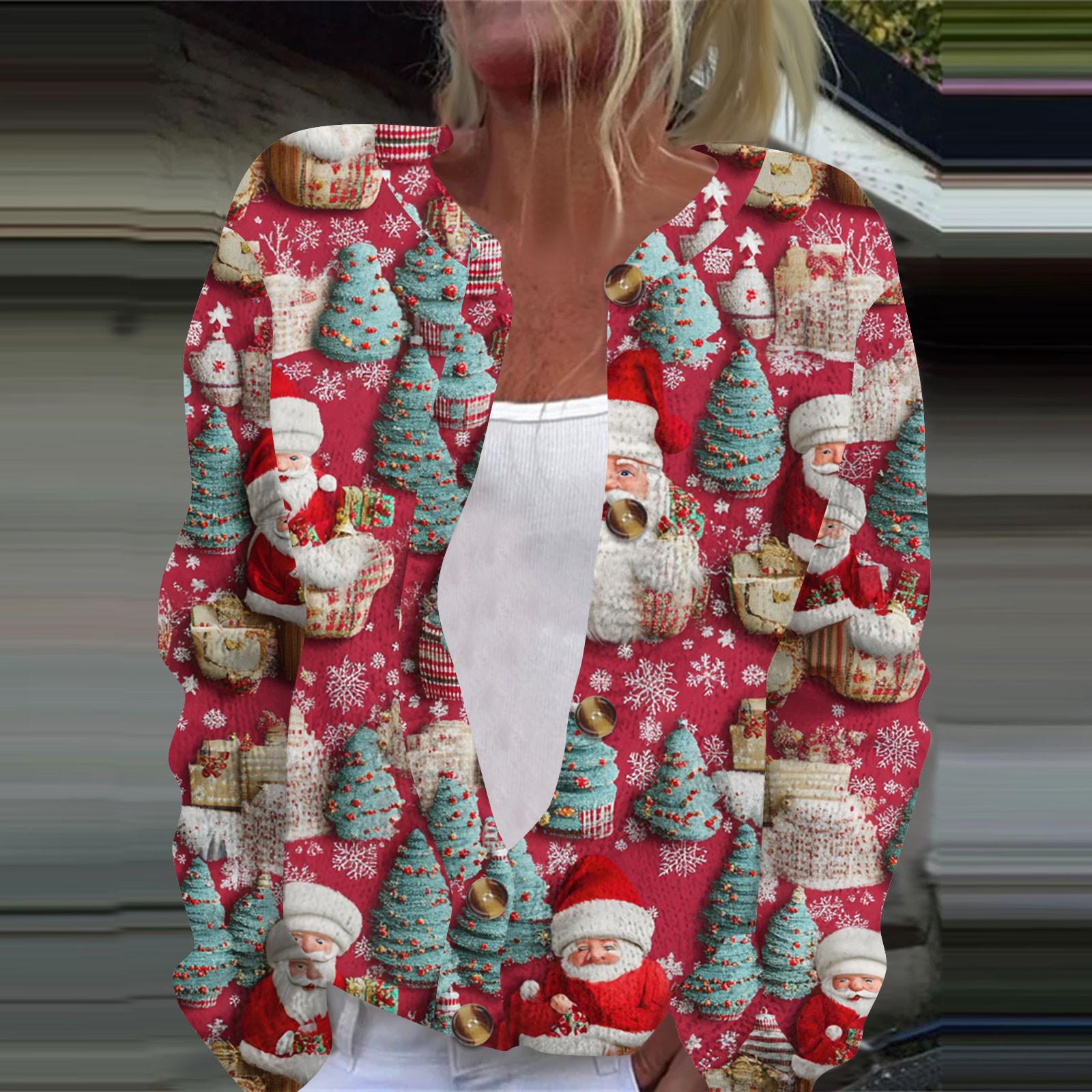 

Женская мода рождественский принт длинный рукав вязаный кардиган пуховик S