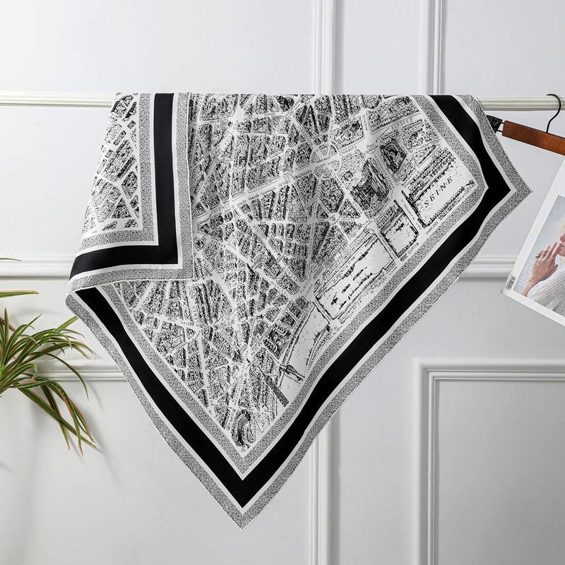 Black and White Map 18 Silk Square Scarf Women's Double-sided Heterochrome Fashion Handmade Curled Twill Scarf