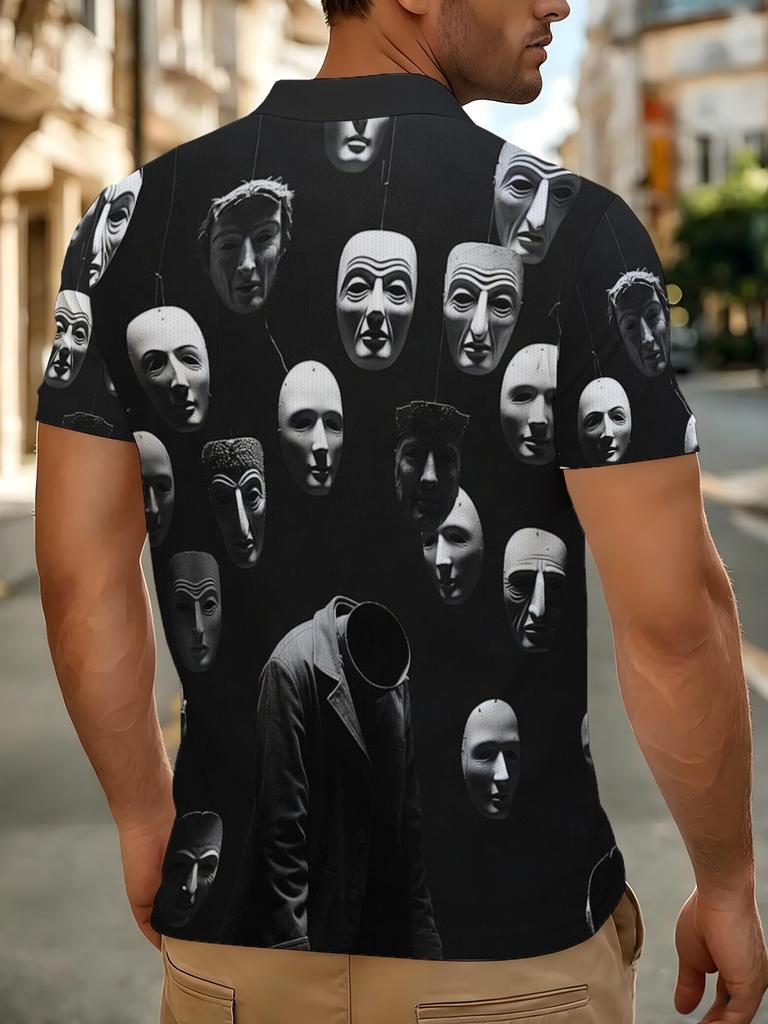 Men's Short-Sleeve Polo Shirt, Available in Multiple Sizes, Button- Collar with Black Masked Portrait Art Print, Black Lapel Short-Sleeve Top,