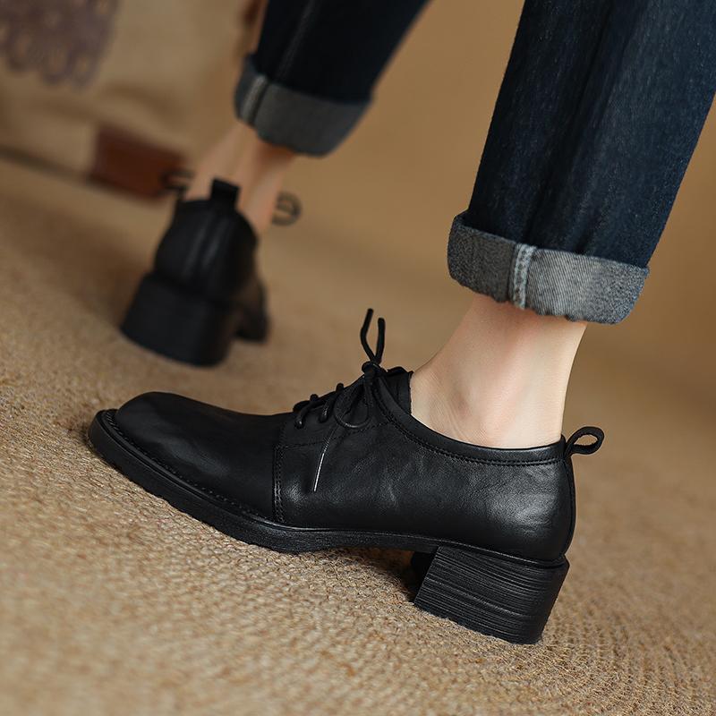 Modă 2025 Pantofi cu toc pentru femei Primăvară Toamnă cu șireturi Vârf rotund Confortabili Concisi Piele naturală Mocasini Pantofi Femeie Pantofi casual de lucru