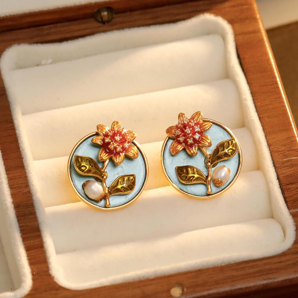 Cercei Originali Noi Stil Chinezesc Trifoi Perle Email Pictură în Ulei