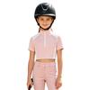 Kids Girls Color-block Equestrian Shirt Zip-up Stand Collar Short Sleeve Athletic Tops for Horse Riding Running Golf Tennis Practice