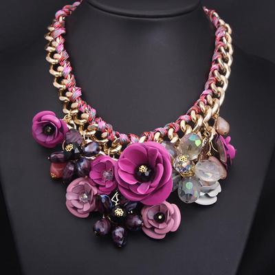 Handmade Colorful Flower Gem Pendant Cotton Rope Woven Necklace