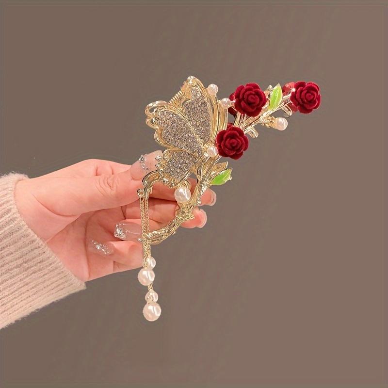 Delicate Long Faux Pearl Tassel Hair Claw, Butterfly Rhinestone Vintage Claw Clip, Women Girls Princess Style Hair Accessories