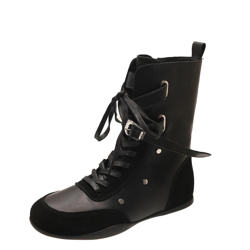 Colorblock Booties Autumn New Round Toe Suede Lace up Rivet Non Slip on Resistant Low Heel Everyday Use 40