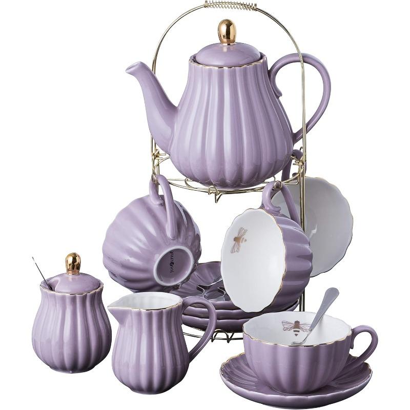 Porcelánová čajová súprava - 8 oz biela kávová šálka/šálka na čaj, podšálka, lyžičky, čajník a kanvička na mlieko, 17 kusov (FD-TW17PC SADA, Biela)