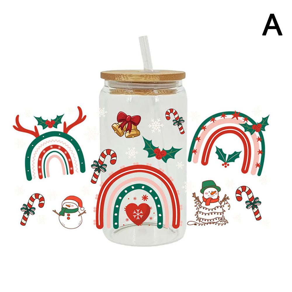 

Merry Christmas Snowman Elk 16oz UV DTF Wrap Glass Labels Waterproof Transfer Custom Decal Stic T7L6 A-1pc