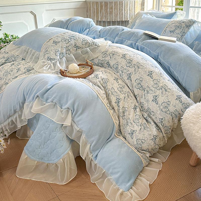 French Princess Wind Milk Fleece 4Pcs Set Winter Thickened Coral Fleece Cut Flower Bed Cover Quilt Cover 4