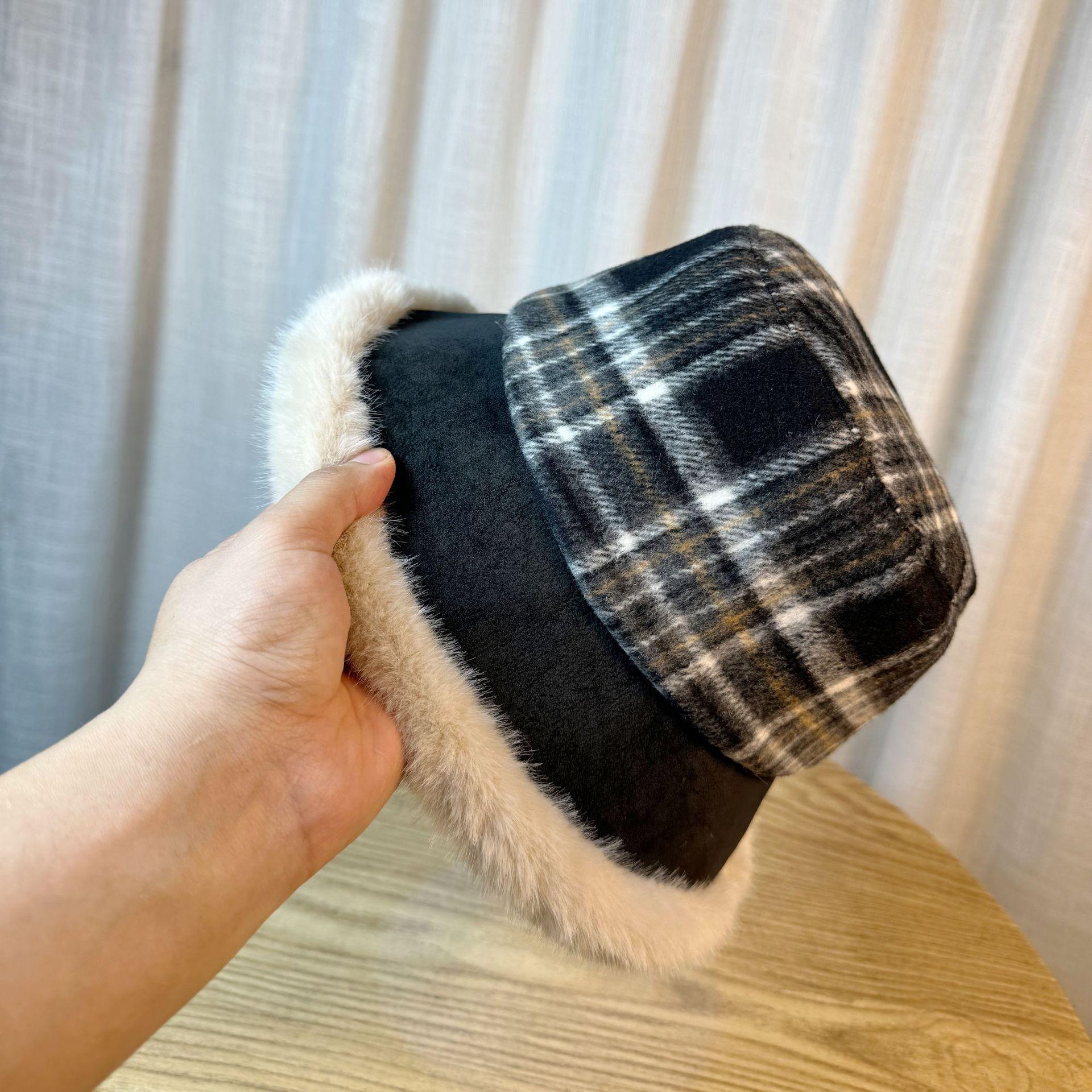

Retro Plaid Plush Fisherman Hat Children Autumn and Winter Warm Bucket Hat Basin Hat one size чорний