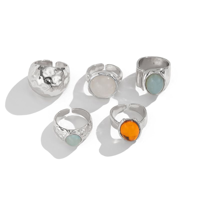 Multi-Piece Set of Metal Inlaid Jade Rings, European and American Light Luxury Fashion Photo Shoot Accessories, Trendy Items