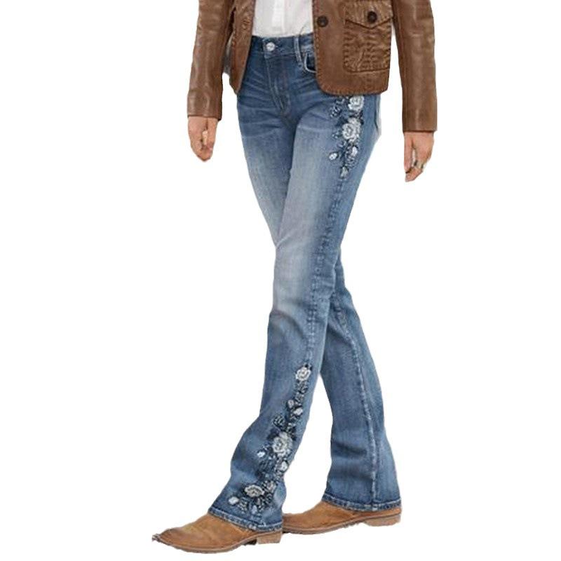 Jeans da donna slim vintage a vita alta ricamati