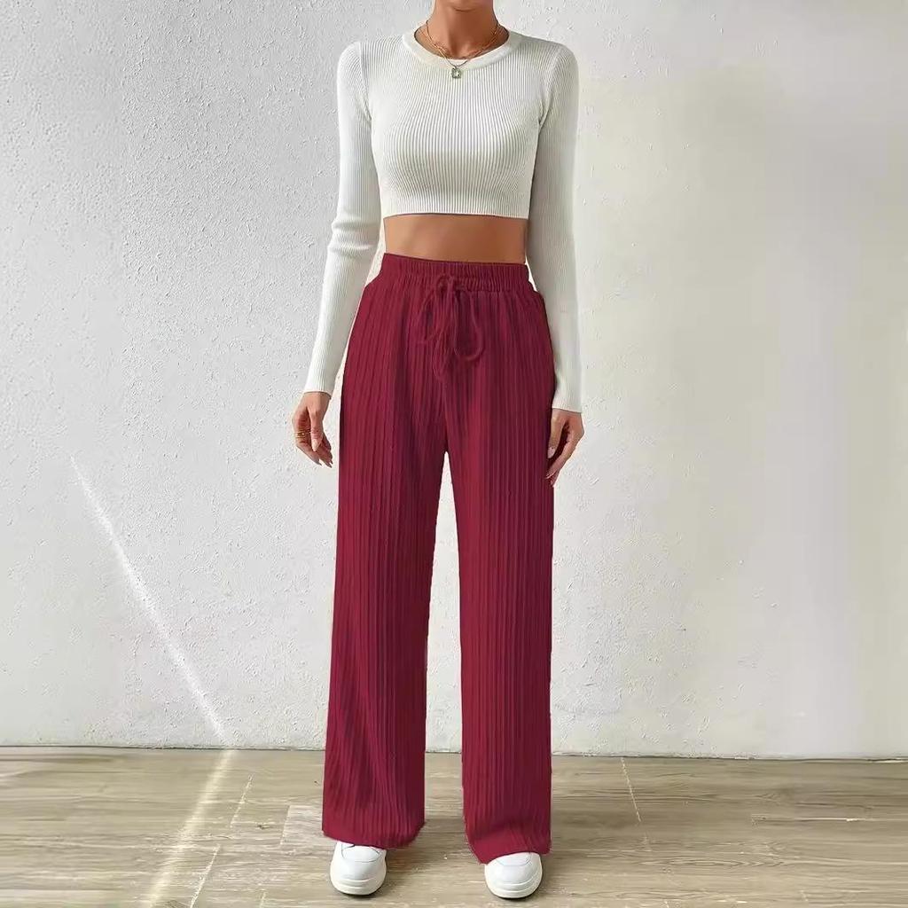 2024 Women's Textured Knit Wide-Leg Pants - Elastic High Waist, Tie Waist, Solid Color, Casual Loose Fit