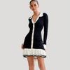 Mini abito in maglia con fiocco a volant da donna, cardigan a contrasto senza schiena, elegante abito allacciato, maglieria femminile, abito a fascia