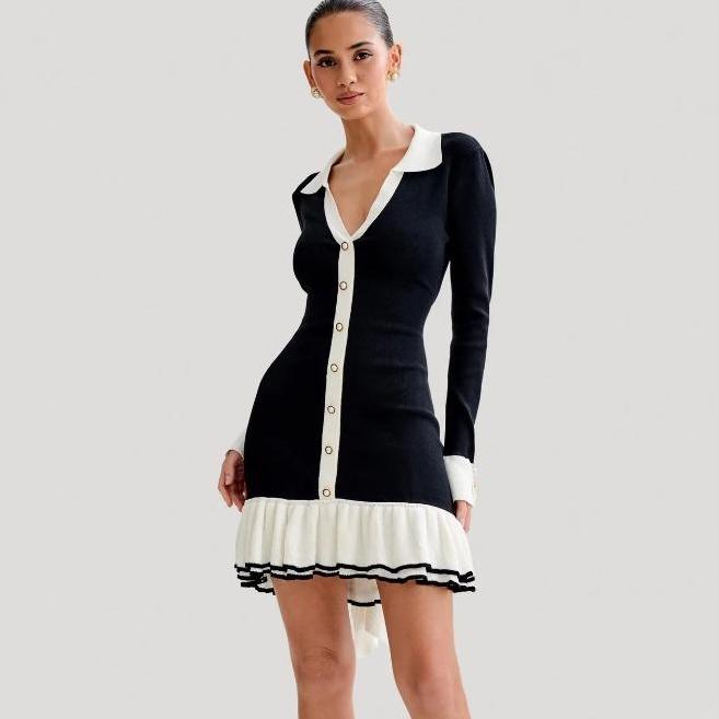 Mini abito in maglia con fiocco a volant da donna, cardigan a contrasto senza schiena, elegante abito allacciato, maglieria femminile, abito a fascia
