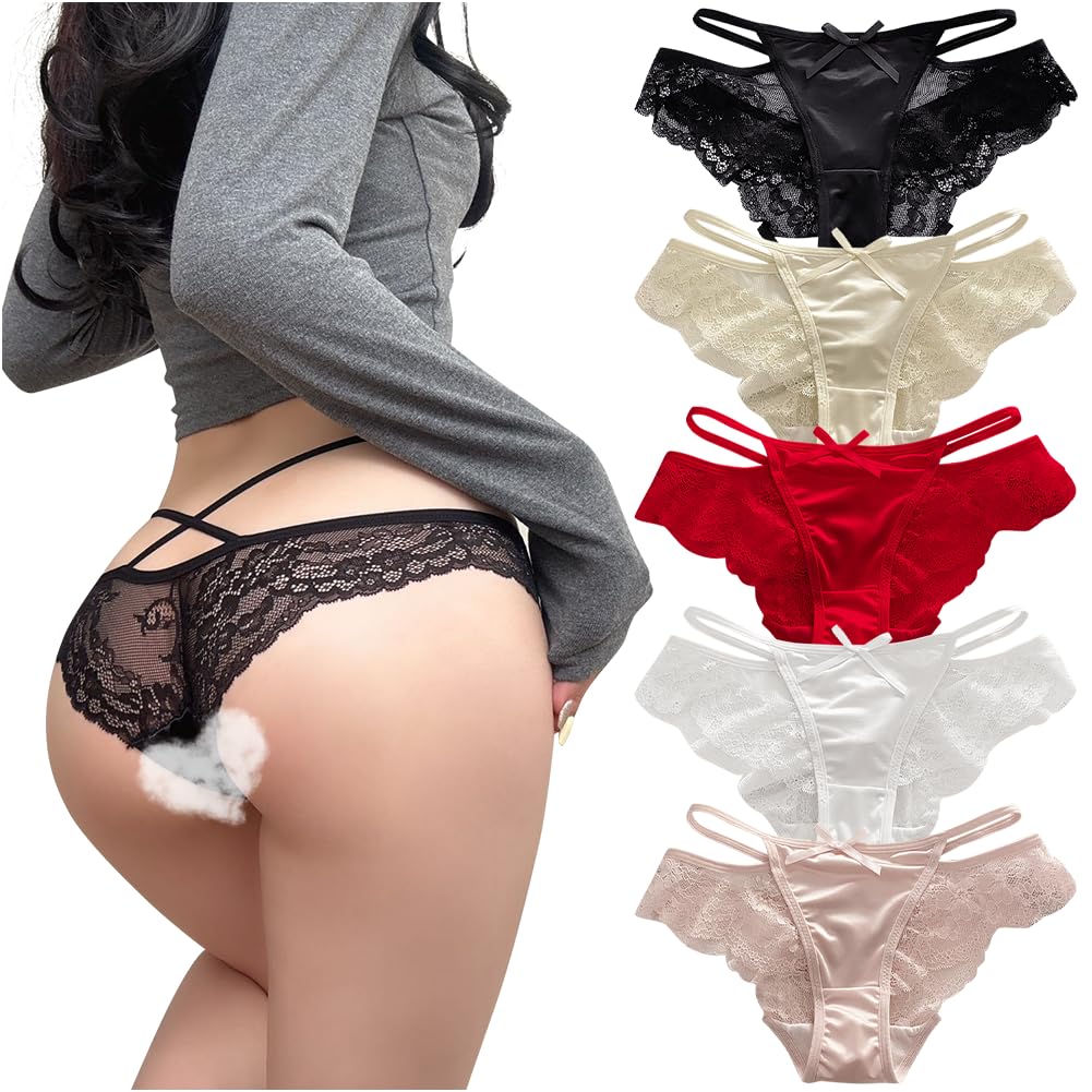 TUOTISI Lace Satin String Cheek Sexy Lingerie with Cute Underwear for Special Occasions Size Women's Half-Back Panties, See-Through Ribbon, (5-Pack,