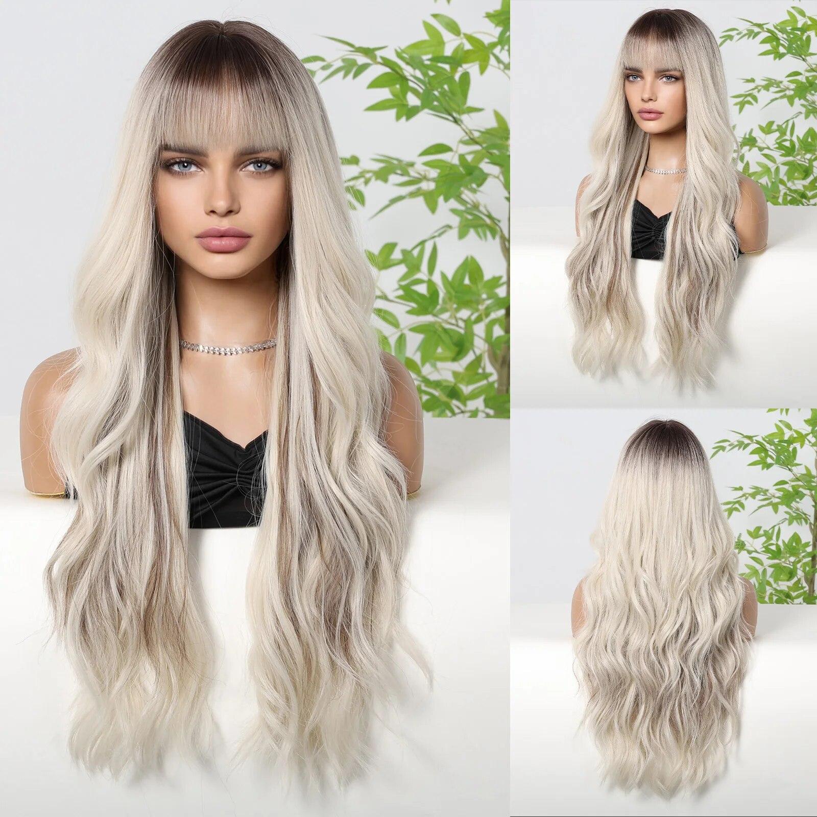 

Длинные светлые синтетические парики с глубокой волной и челкой, парики из вьющихся волос для женщин, ежедневные парики, термостойкие