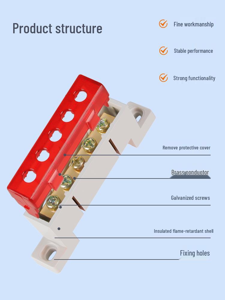 A10 Pure Copper Flame Retardant Distribution Box: Neutral, Fire, Ground Lines Universal Busbar Terminal Block