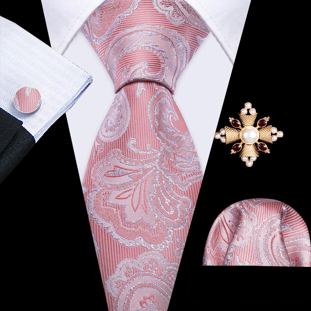 Pearl Brooch with Silk Tie for Men Vintage Floral Teal Necktie Hanky Cufflinks Gift Formal Set