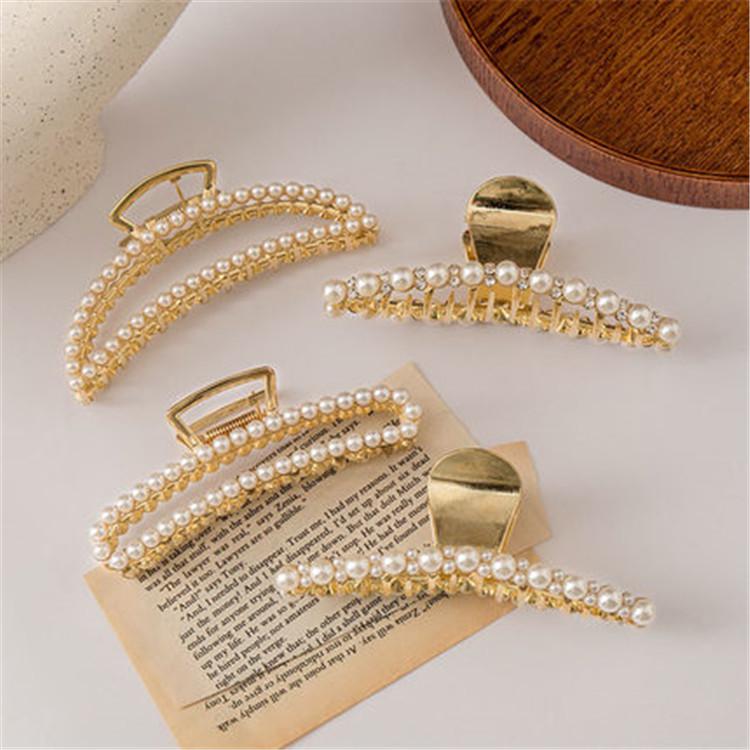 Korean-Style Pearl Metal Hair Claw Clip - Simple, Large, Elegant Shark Clip for Girls