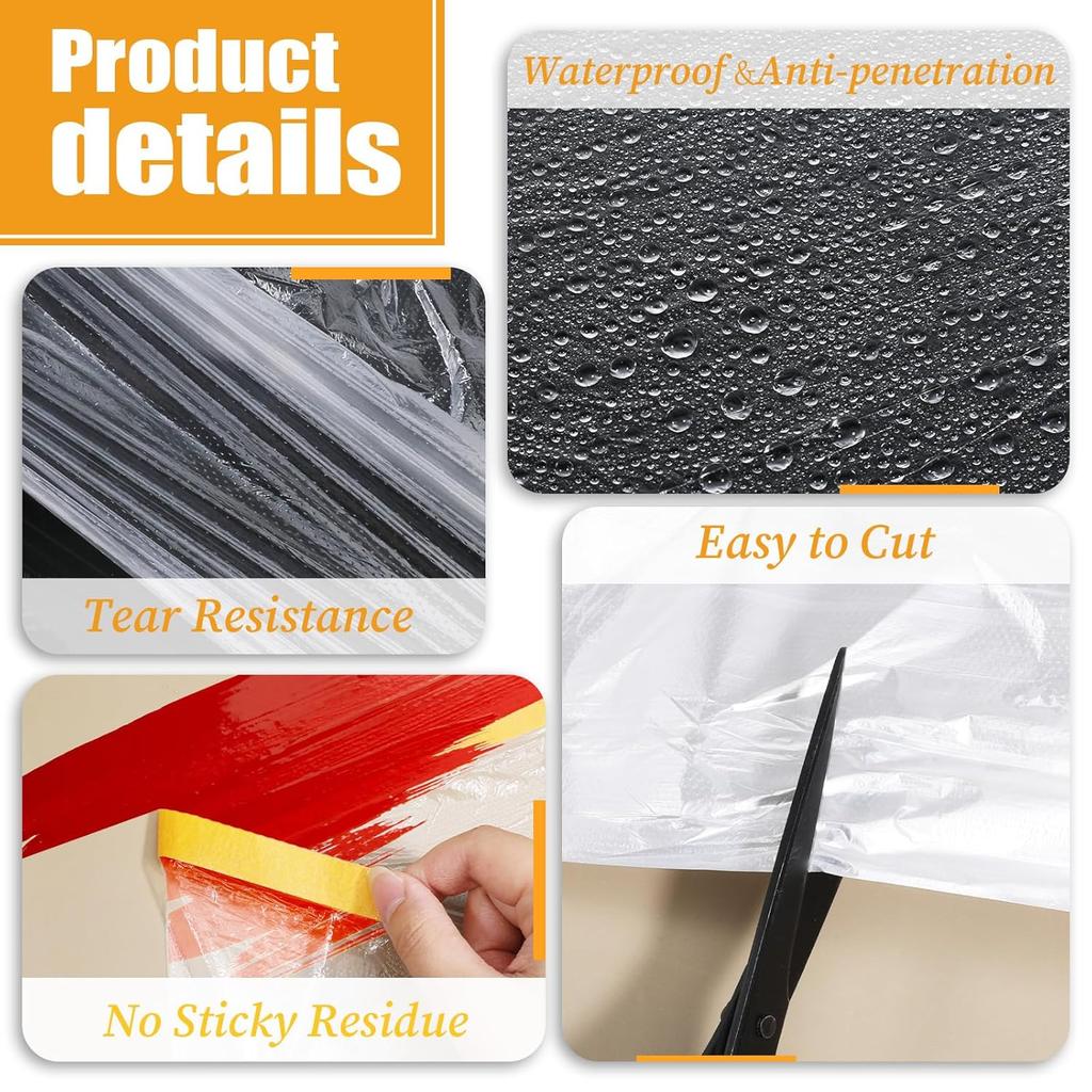 Protective Pre-Taped Masking Film, Dust-Proof Paint Cover for Car, Furniture, and Floor Protection