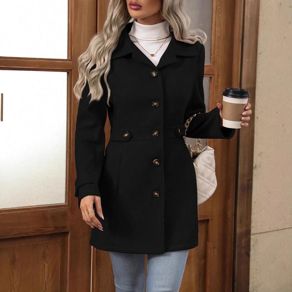 Cross-border 2025 autumn and winter new products medium and long temperament woolen coat lapel button temperament slim woolen