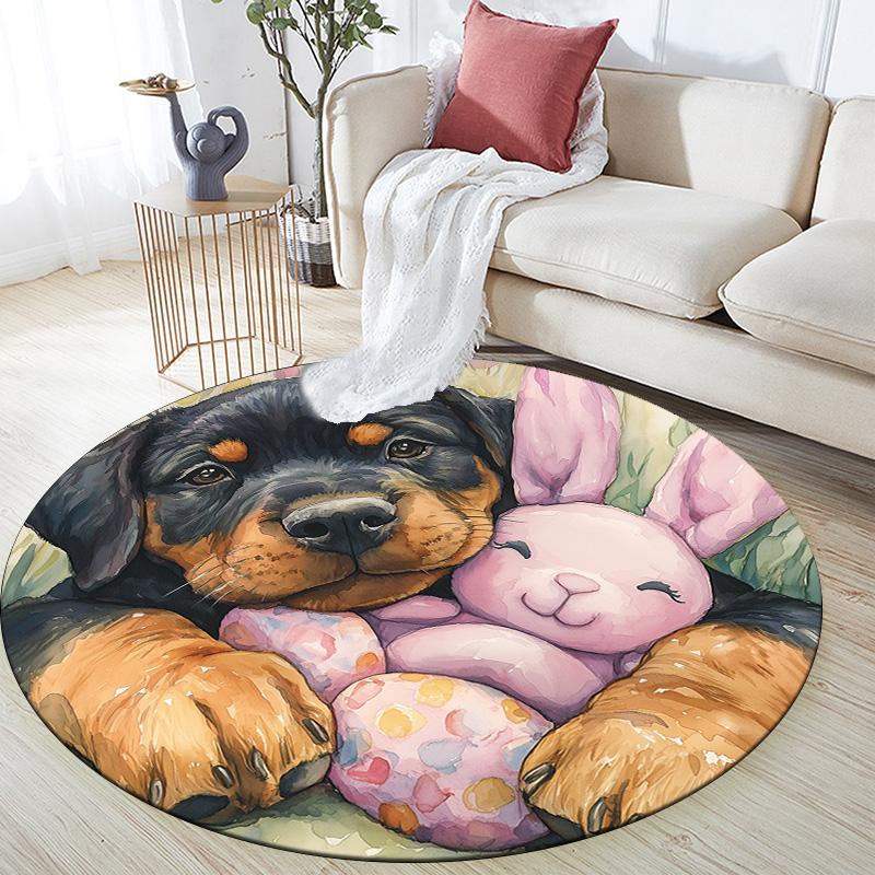 Plush Dog,Round Area Rug,Carpet Rug for Living Room Bedroom Sofa Playroom Decor,Non-slip Floor Mat